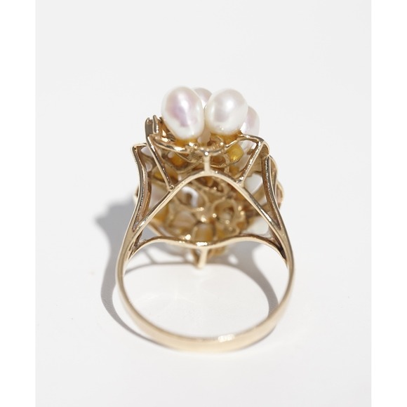 Vintage 14k Solid Yellow Gold Real Pearl & Natural Diamond Ring - Luster Cluster - Picture 11 of 12